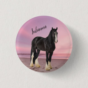Black and White Clydesdale on the Beach at Sunset  3 Cm Round Badge