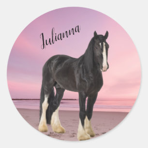 Black and White Clydesdale on the Beach at Sunset Classic Round Sticker