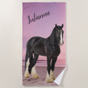Black and White Clydesdale on the Beach at Sunset Towel