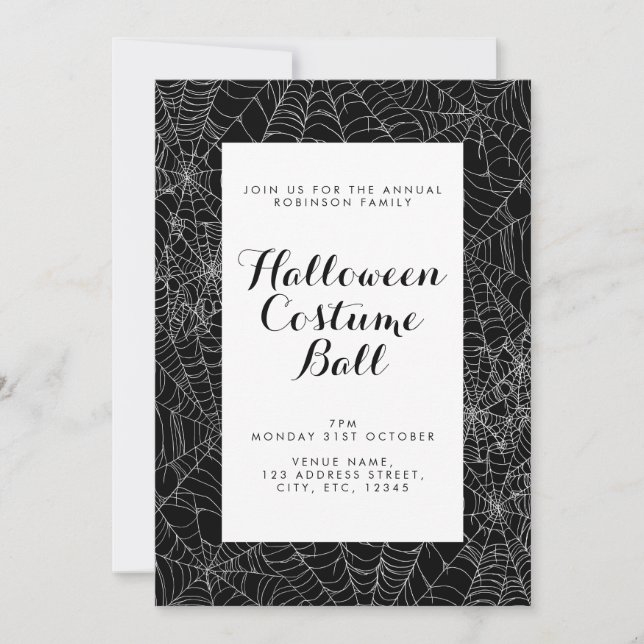 Black and White cobweb Halloween Ball invite (Front)
