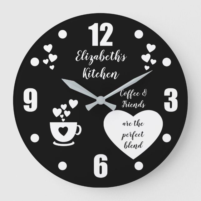 Black and white coffee cup love hearts kitchen large clock (Front)
