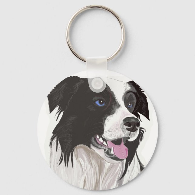 black and white collie blue eyes key ring (Front)