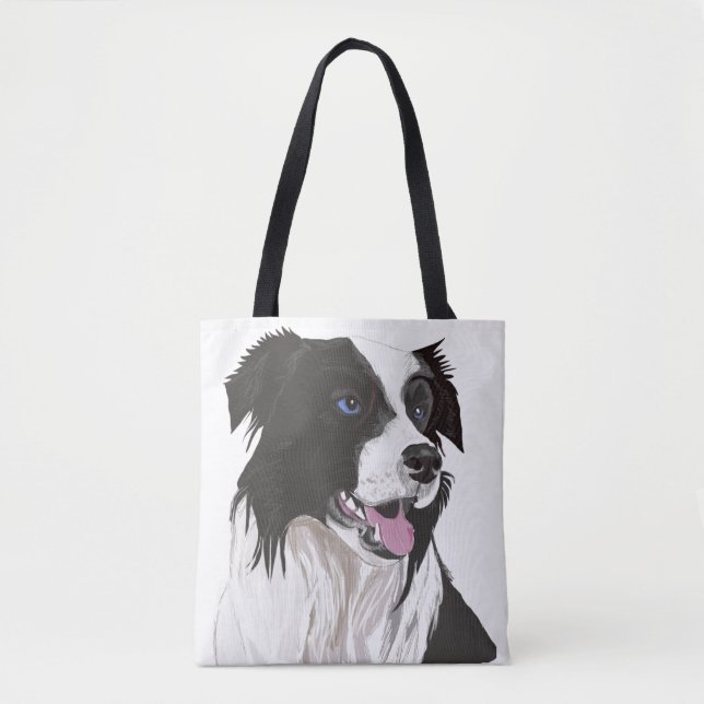 black and white collie blue eyes tote bag (Front)
