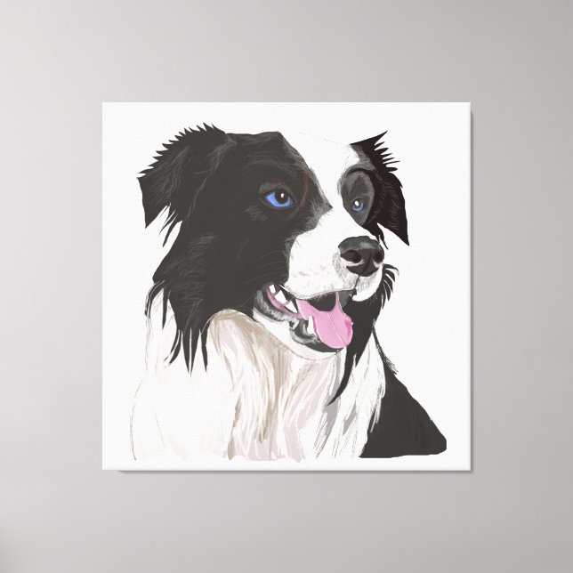 Black and White Collie with Blue Eyes Portrait. Canvas Print (Front)