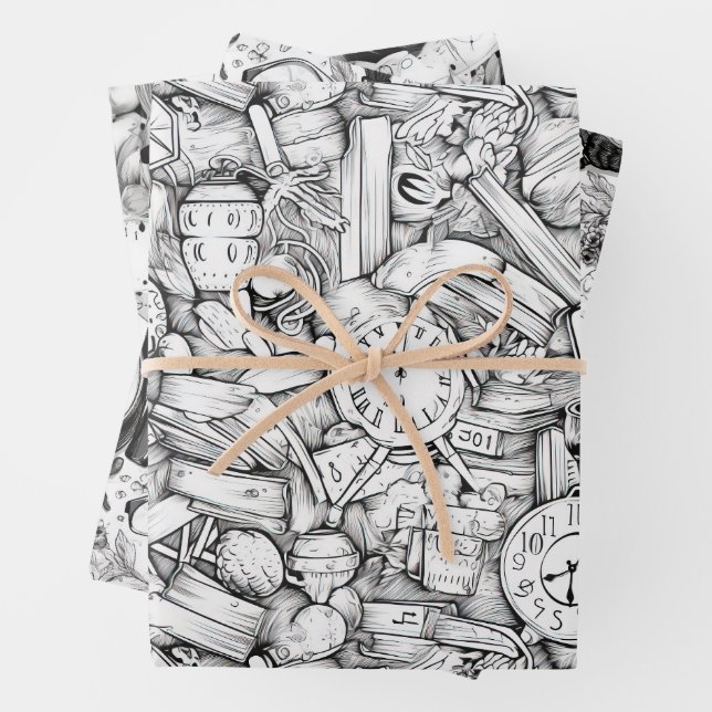 Black and White Comics Pattern Wrapping Paper Sheet (In situ)
