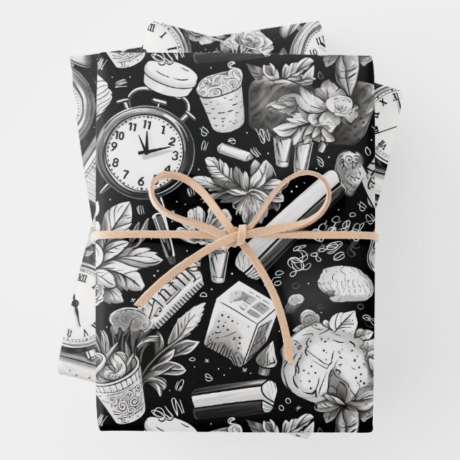 Black and White Comics Pattern Wrapping Paper Sheet (In situ)