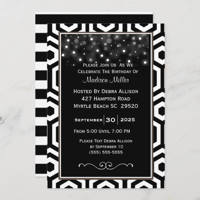 Black and White Confetti Birthday Party Invitation (Front/Back)