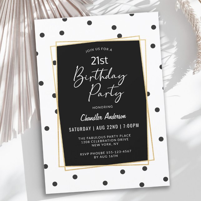Black and White Confetti Dots 21st Birthday Party Invitation (This stylish invitation may be ordered as printed or digital download!)