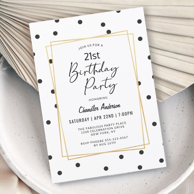 Black and White Confetti Dots 21st Birthday Party Invitation (Personalize with ANY age! Available as printed or digital download invitations for your convenience.)
