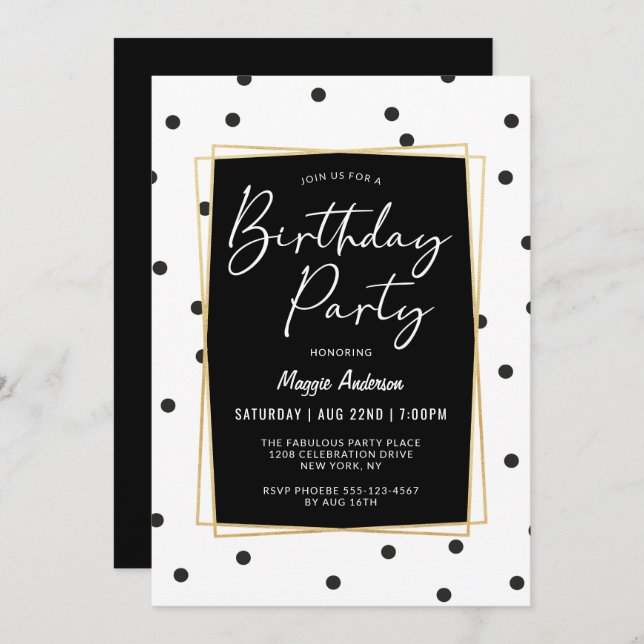Black and White Confetti Dots Birthday Party Invitation (Front/Back)
