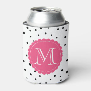 Black and White Confetti Dots Hot Pink Monogram Can Cooler