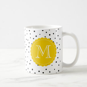 Black and White Confetti Dots Yellow Monogram Mug