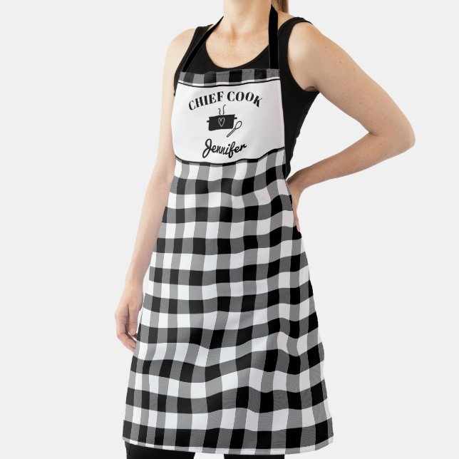 Black and White Cook Name Buffalo Plaid Pattern  Apron (Insitu)