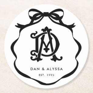 Black and White Coquette Bow Anniversary Round Paper Coaster