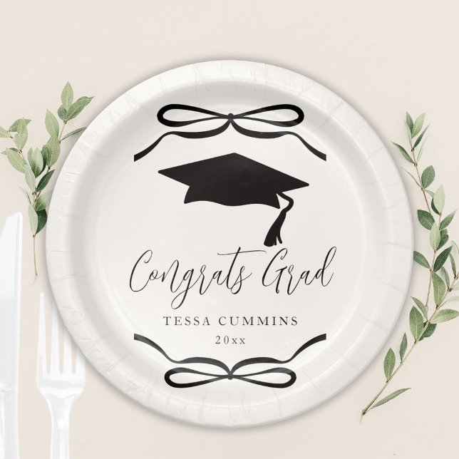 Black and White Coquette Bow Girl Graduation Party Paper Plate (Creator Uploaded)