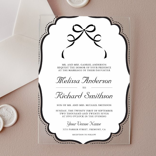 Black and White Coquette Bow Wedding Acrylic Invitations (Creator Uploaded)