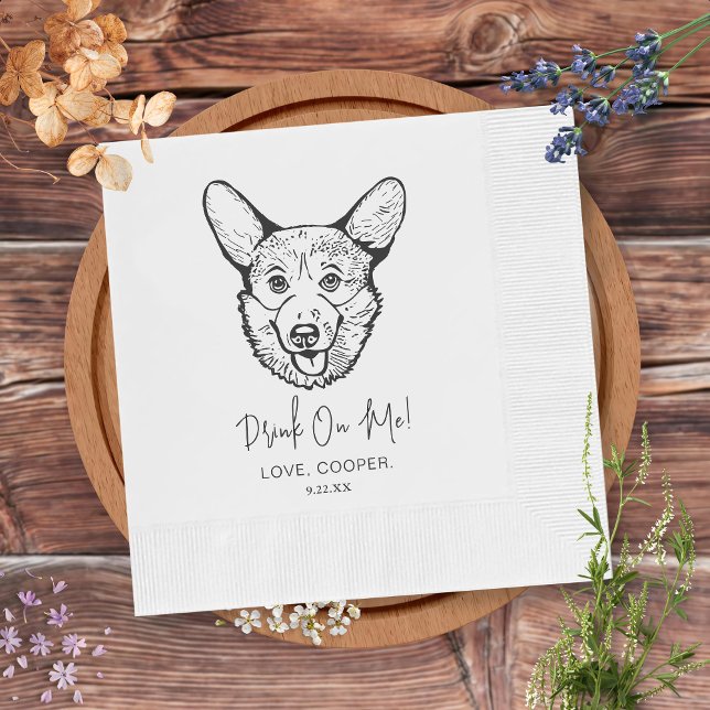 Black and White Corgi Dog Personalised Wedding Napkin (Creator Uploaded)
