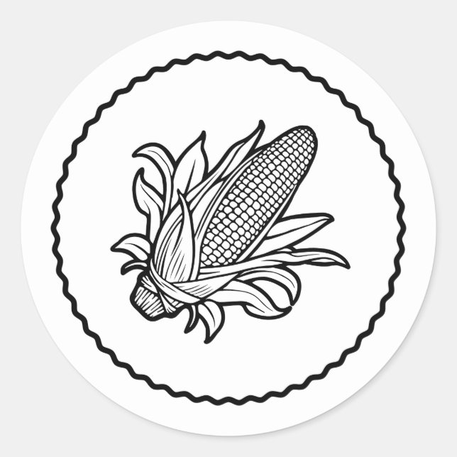 Black and white corn cob icon with leaves classic round sticker (Front)