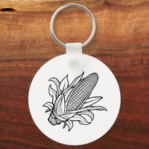 Black and white corn cob icon with leaves key ring