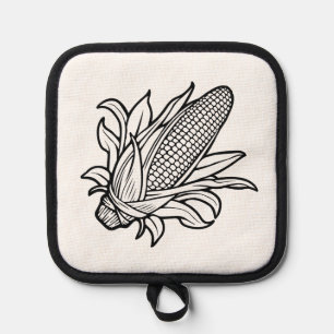 Black and white corn cob icon with leaves pot holder