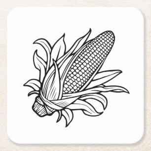 Black and white corn cob icon with leaves square paper coaster
