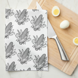 Black and white corn cob icon with leaves tea towel