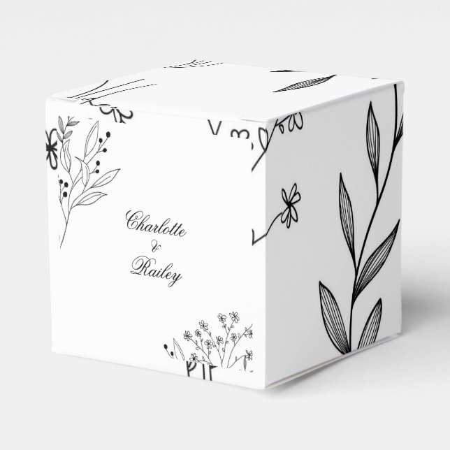 Black and White Corner Floral Boho Wedding Favour Box (Front Side)