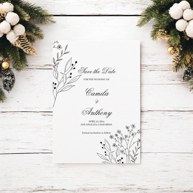 Black and White Corner Floral Boho Wedding Invitation (Creator Uploaded)