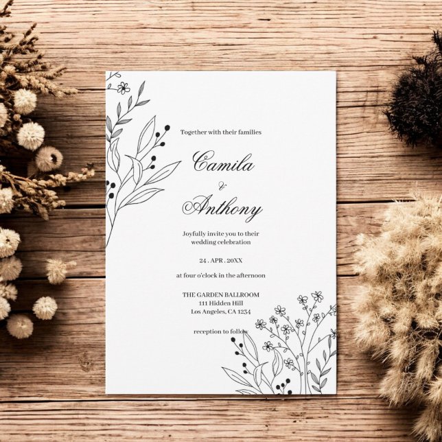 Black and White Corner Floral Boho Wedding Invitation (Creator Uploaded)