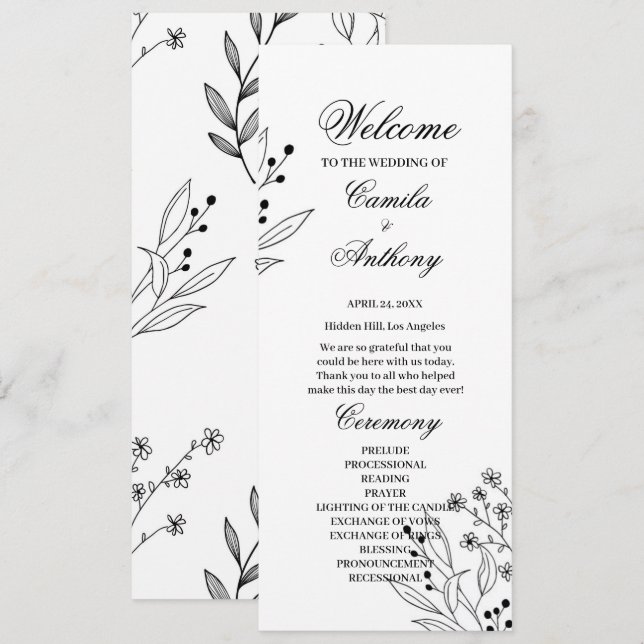 Black and White Corner Floral Boho Wedding Programme (Front/Back)