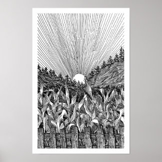 Black and White Cornfield Sunrise Fine Line Art Dr Poster