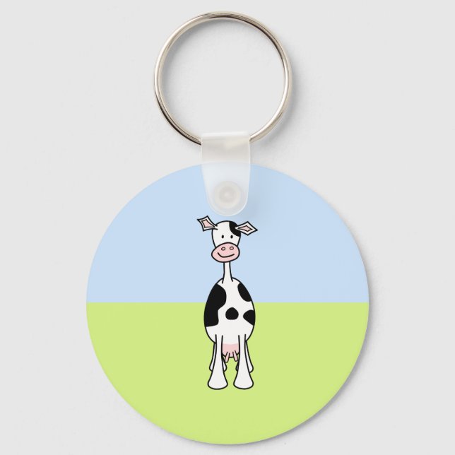 Black and White Cow Cartoon. Front. Key Ring (Front)