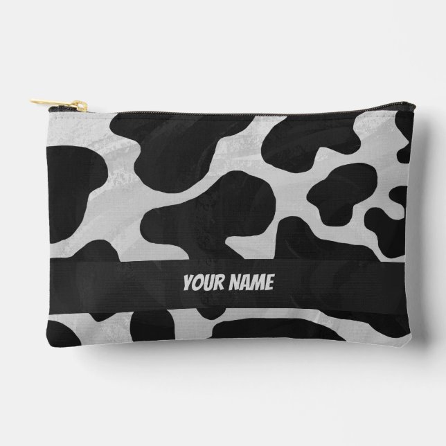 Black and White Cow Pattern Monogram Accessory Pouch (Front)