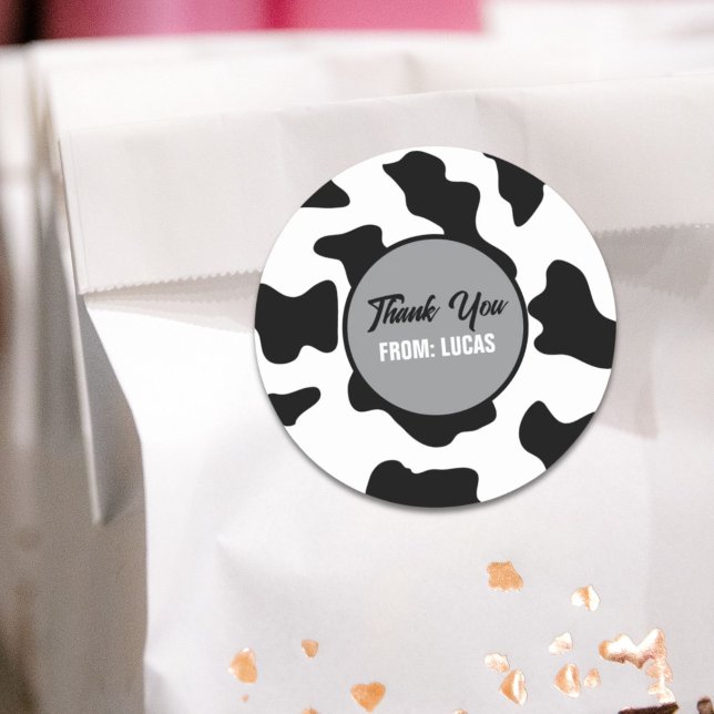 Black and White Cow Print Farm Barn Birthday Party Classic Round Sticker (Black and White Cow Print Farm Barn Birthday Party Classic Round Sticker)