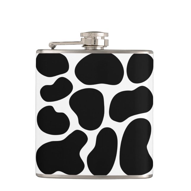 Black and White Cow Print Pattern. Hip Flask (Front)