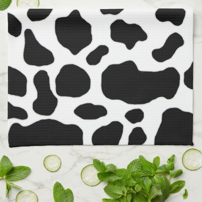 black and white cow print pattern tea towel (Folded)