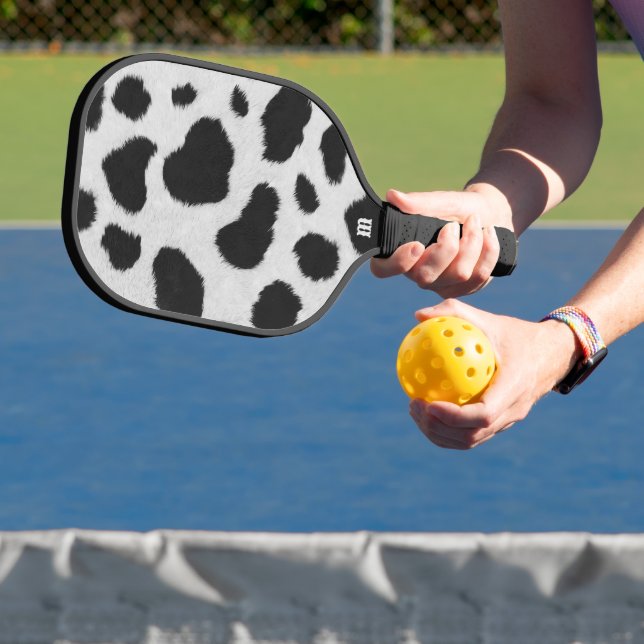 Black and white cow spots pattern faux fur texture pickleball paddle (Insitu)