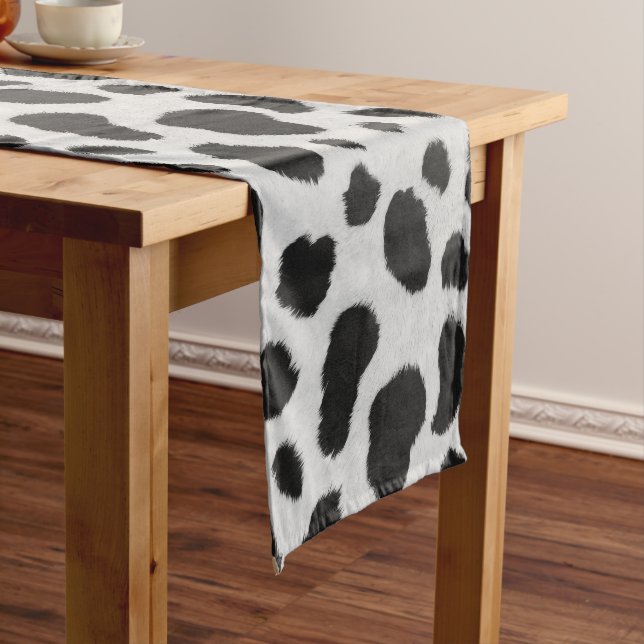 Black and white cow spots pattern faux fur texture short table runner (In Situ)