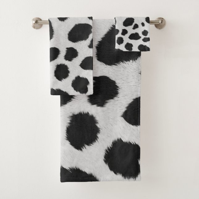 Black and white cow spots pattern fur texture bath towel set (Insitu)