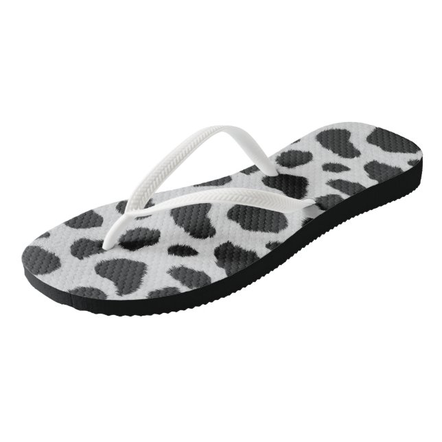 Black and white cow spots pattern fur texture jandals (Angled)