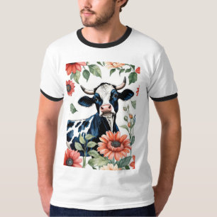 Black And White Cow With Orange Flowers T-Shirt