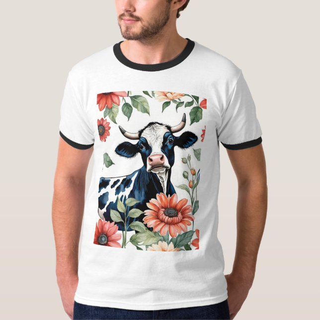 Black And White Cow With Orange Flowers T-Shirt (Front)