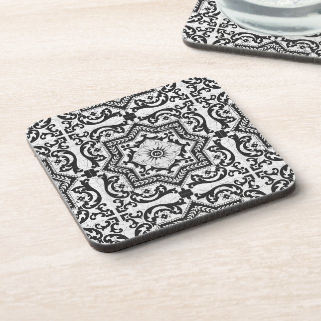 Black and White Cracked Ceramic Style Azulejo Coaster (Left Side)