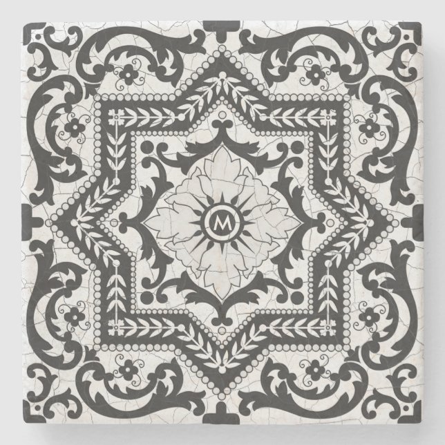Black and White Cracked Ceramic Style Azulejo Stone Coaster (Front)