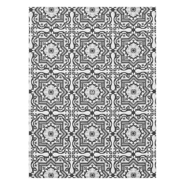 Black and White Cracked Ceramic Style Azulejo Tablecloth (Front)