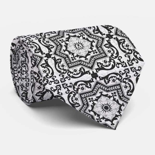 Black and White Cracked Ceramic Style Azulejo Tie (Rolled)
