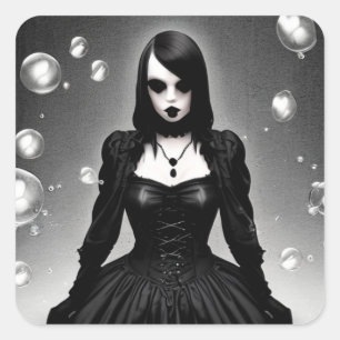 Black and White Creepy Gothic Girl Halloween Square Sticker