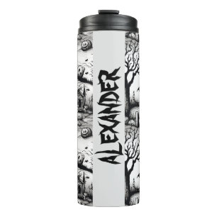 Black and White Creepy Scary Halloween Cartoon Thermal Tumbler