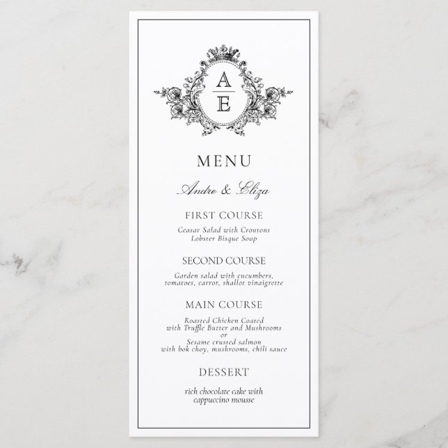 Black and White Crest Monogram Custom Wedding Menu (Front)