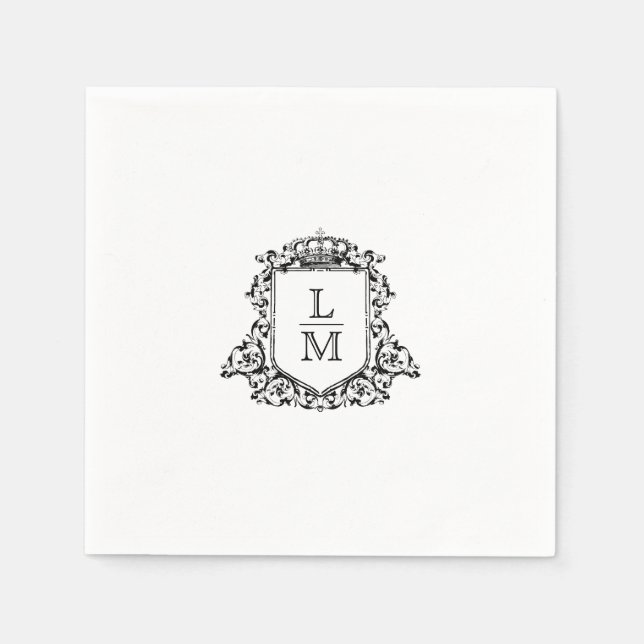Black and White Crest Monogram Custom Wedding Napkin (Front)